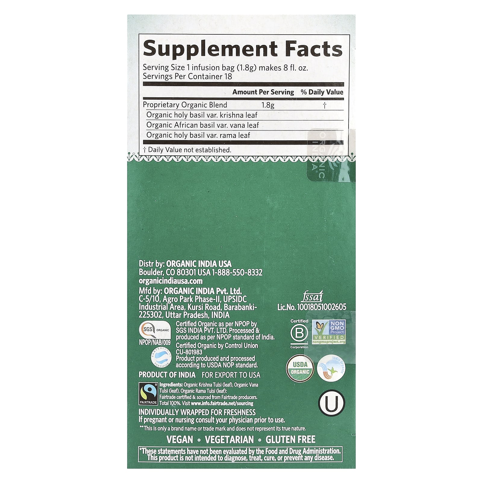 Чай Organic India Tulsi Original, без кофеина, оттенок 18 Infusion Bags, 32.4 г — фото 3