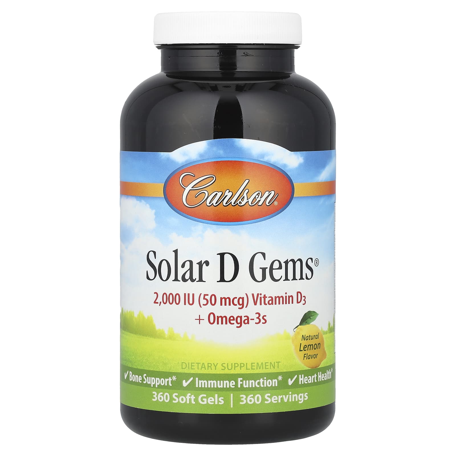 Витамин D3 Carlson Solar D Gems® Omega-3s, вкус Natural Lemon, 360 мягких капсул