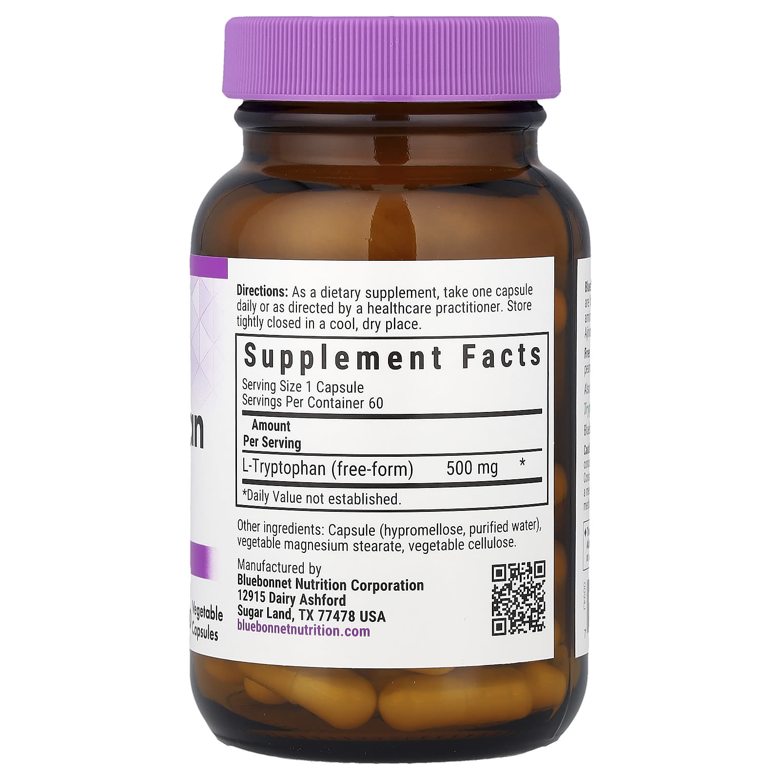 L-триптофан Bluebonnet Nutrition L-Tryptophan, 500 мг, 60 растительных капсул — фото 2