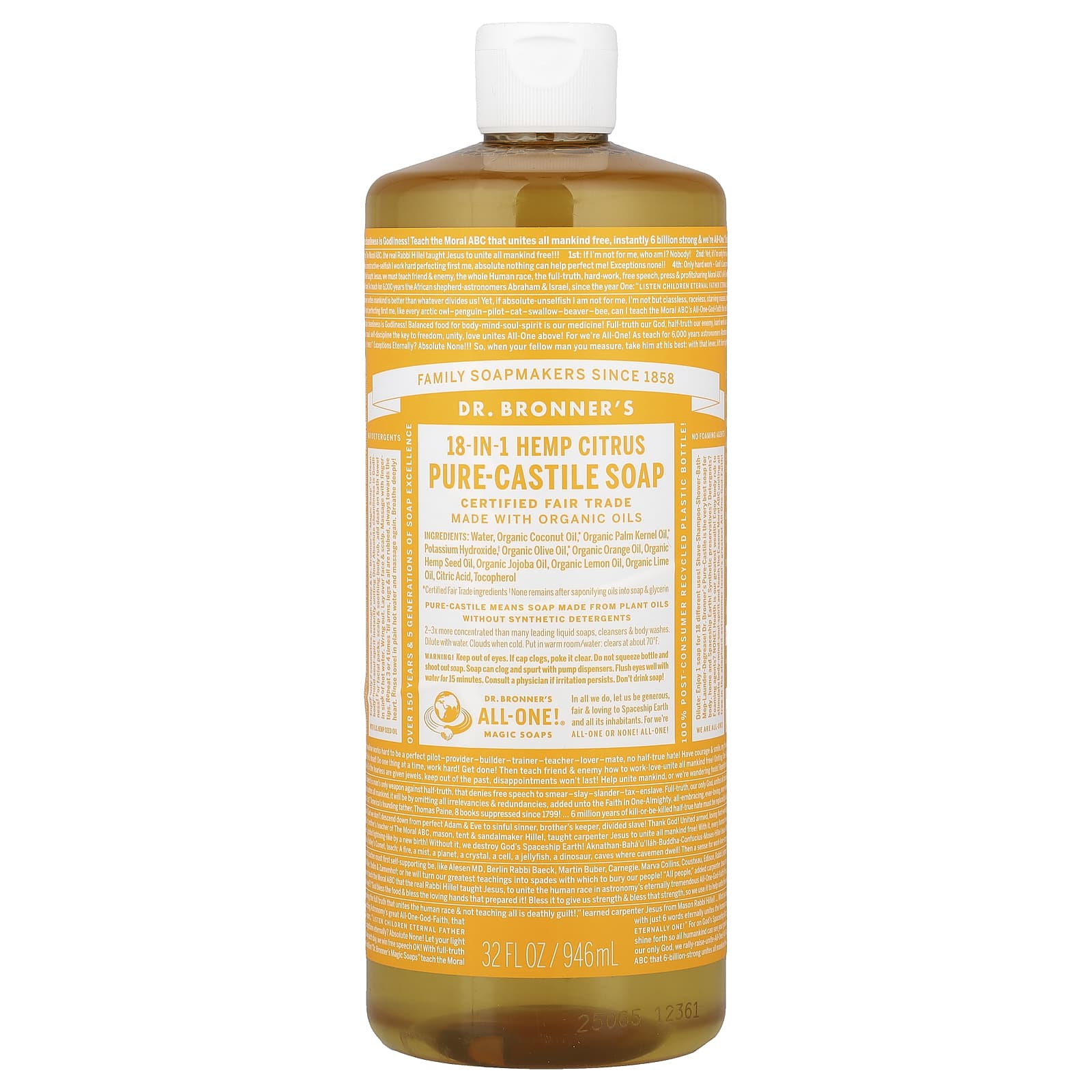 Жидкое кастильское мыло Dr. Bronner's 18-in-1 Pure-Castile Soap, аромат Hemp Citrus, 946 мл