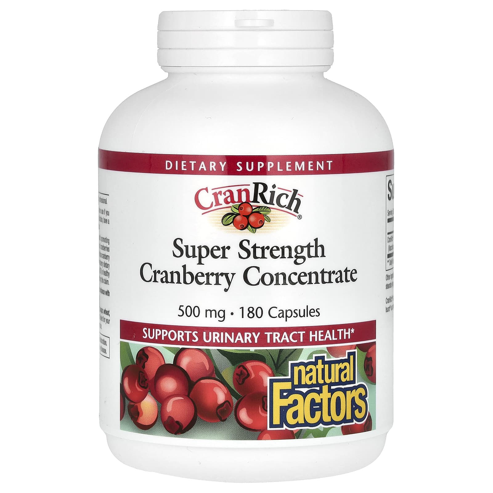 Клюква Natural Factors CranRich Super Strength, вкус Cranberry Concentrate, 500 мг, 180 капсул