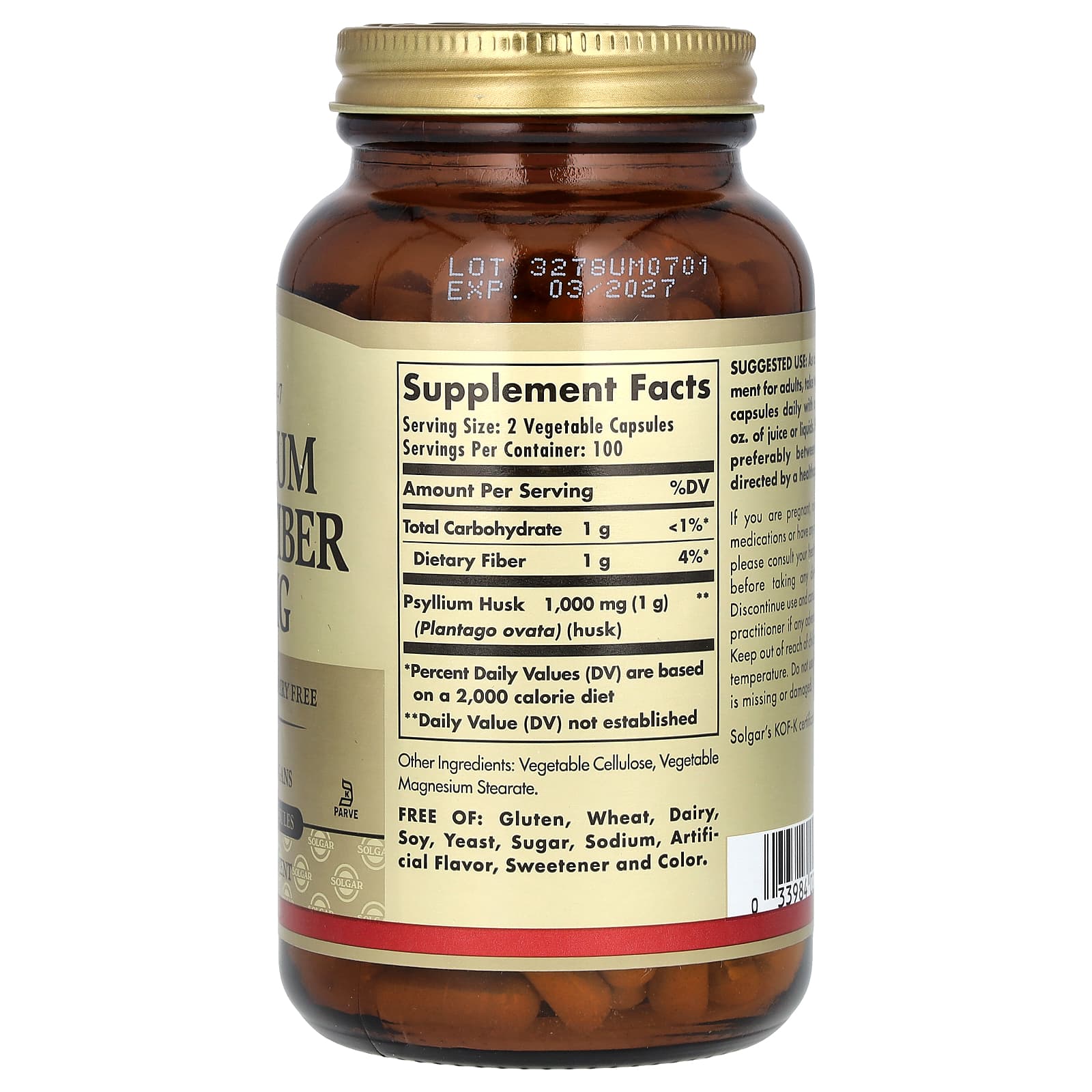 Клетчатка Solgar Psyllium Husks, 500 мг, 200 растительных капсул — фото 2