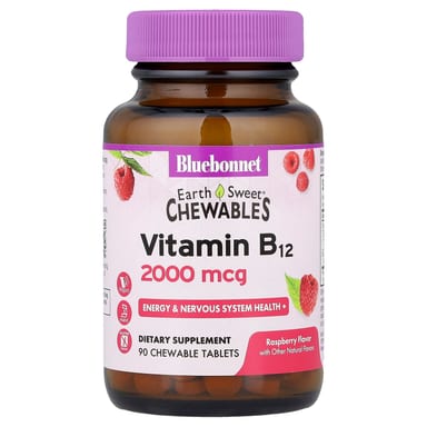 Витамин B12 Bluebonnet Nutrition Earth Sweet® Chewables, вкус Raspberry, 2000 мкг, 90 жевательных таблеток