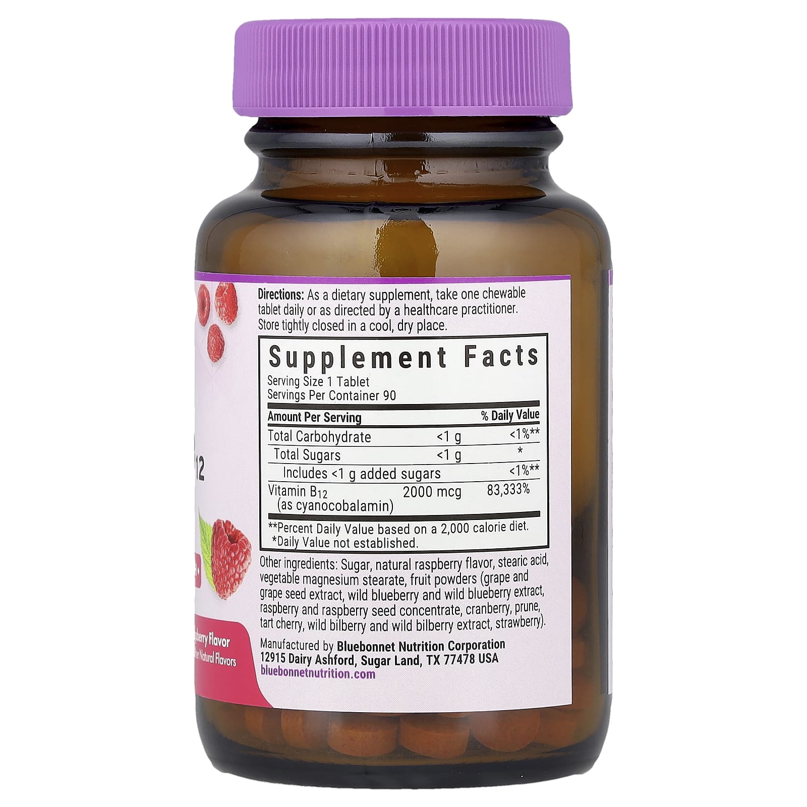 Витамин B12 Bluebonnet Nutrition Earth Sweet® Chewables, вкус Raspberry, 2000 мкг, 90 жевательных таблеток — фото 2