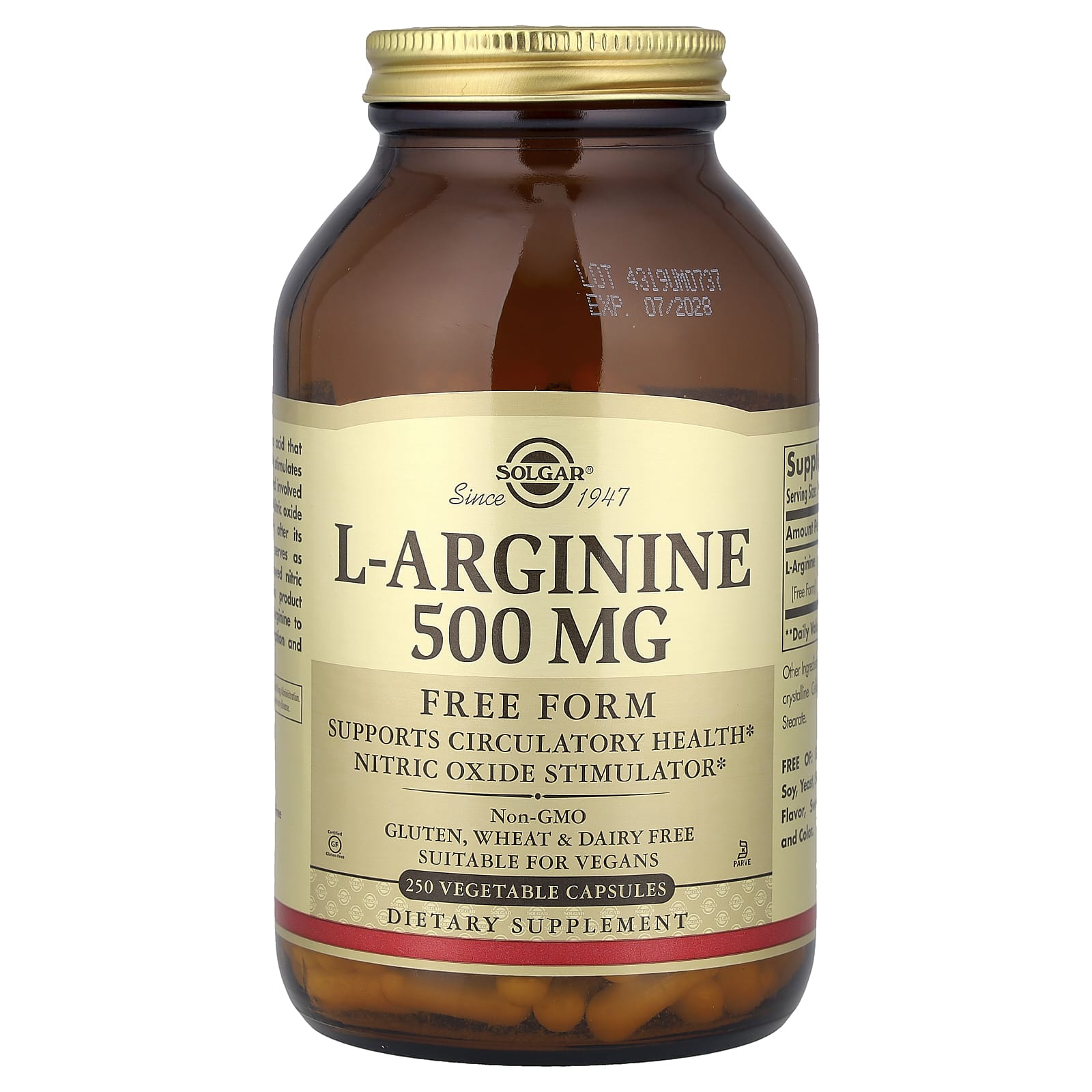 L-аргинин Solgar L-Arginine Free Form, 500 мг, 250 растительных капсул