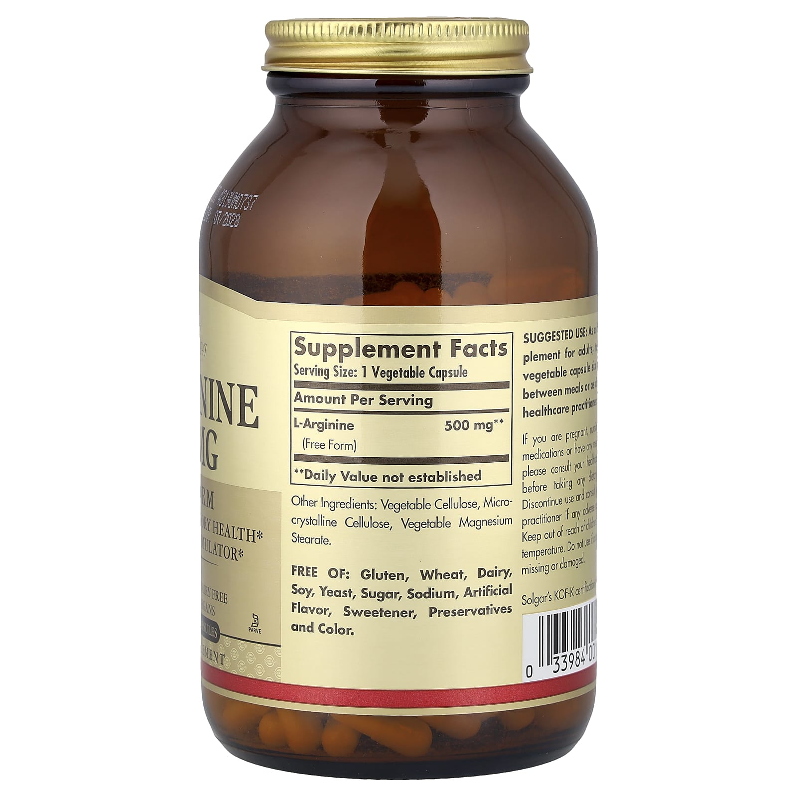 L-аргинин Solgar L-Arginine Free Form, 500 мг, 250 растительных капсул — фото 2