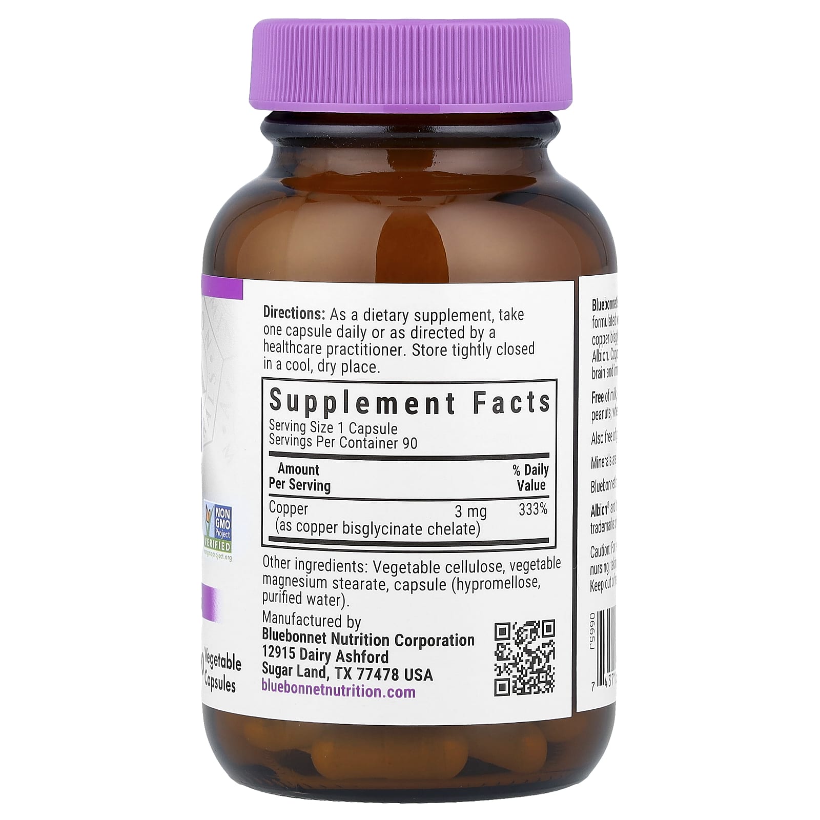Хелатная медь Bluebonnet Nutrition, 3 мг, 90 растительных капсул — фото 2