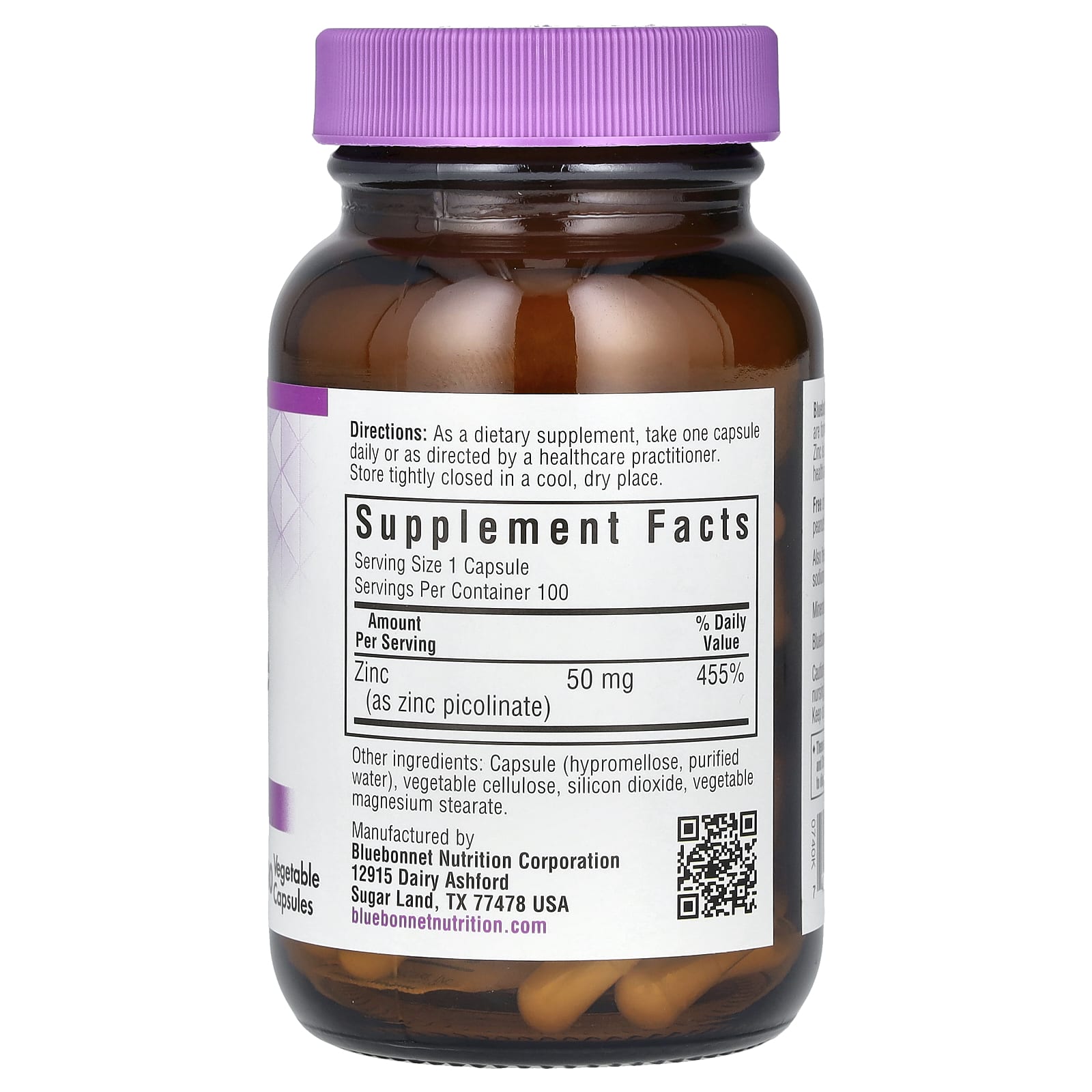 Цинк пиколинат Bluebonnet Nutrition, 50 мг, 100 растительных капсул — фото 2
