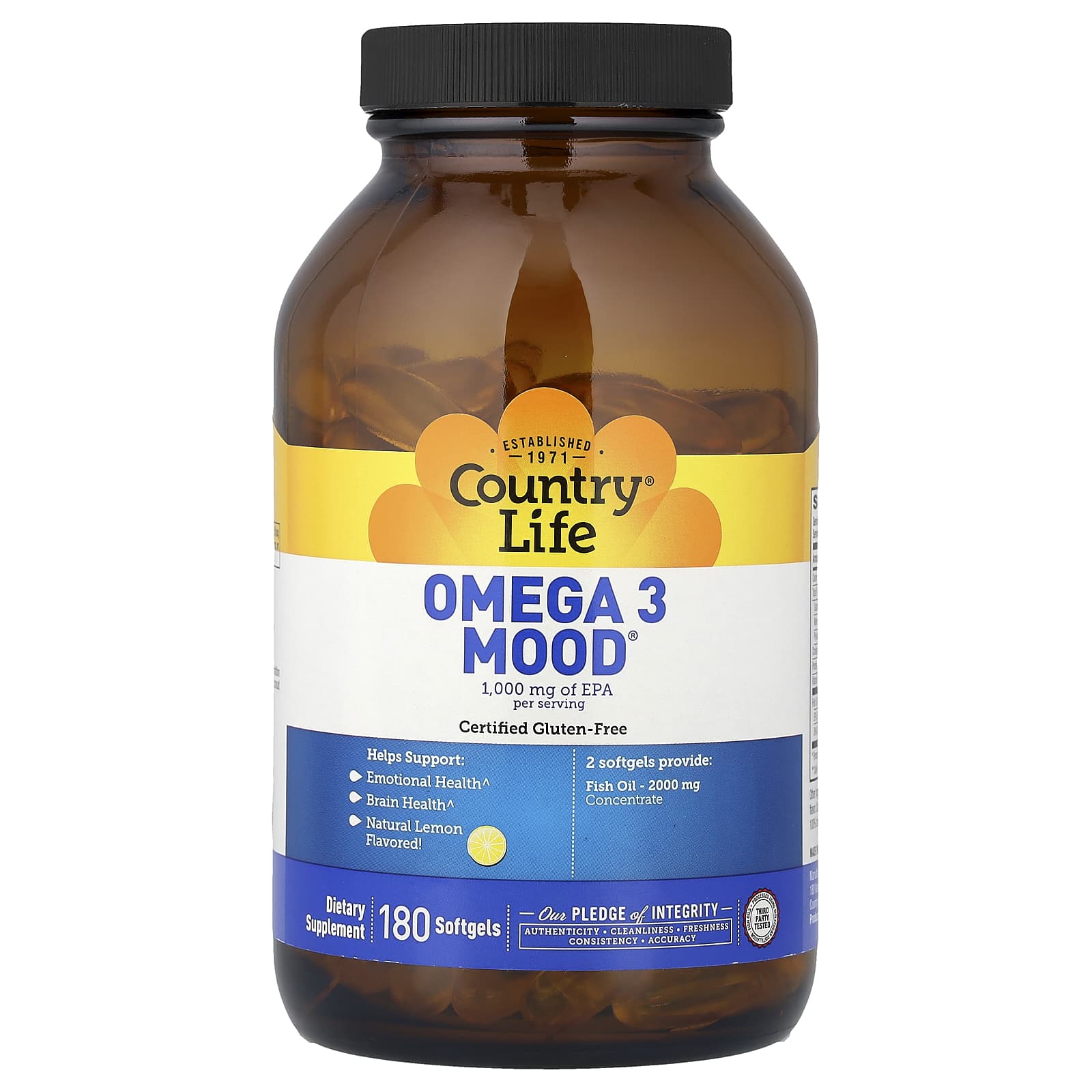 Омега-3 Country Life Mood®, вкус Natural Lemon, 180 мягких капсул