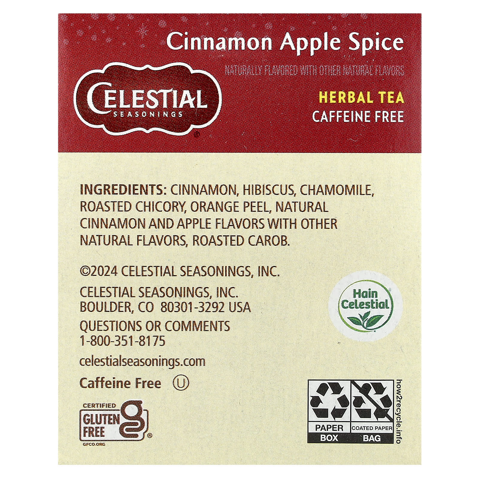 Травяной чай Celestial Seasonings 20 Tea Bags, без кофеина, вкус Cinnamon Apple Spice, 48 г, чайные пакетики — фото 3