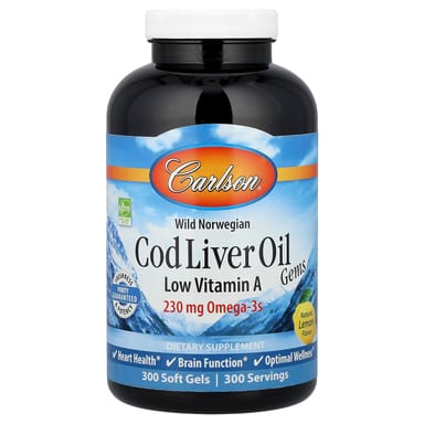 Масло печени трески Carlson Wild Norwegian Gems Low Vitamin A, вкус Natural Lemon, 300 мягких капсул