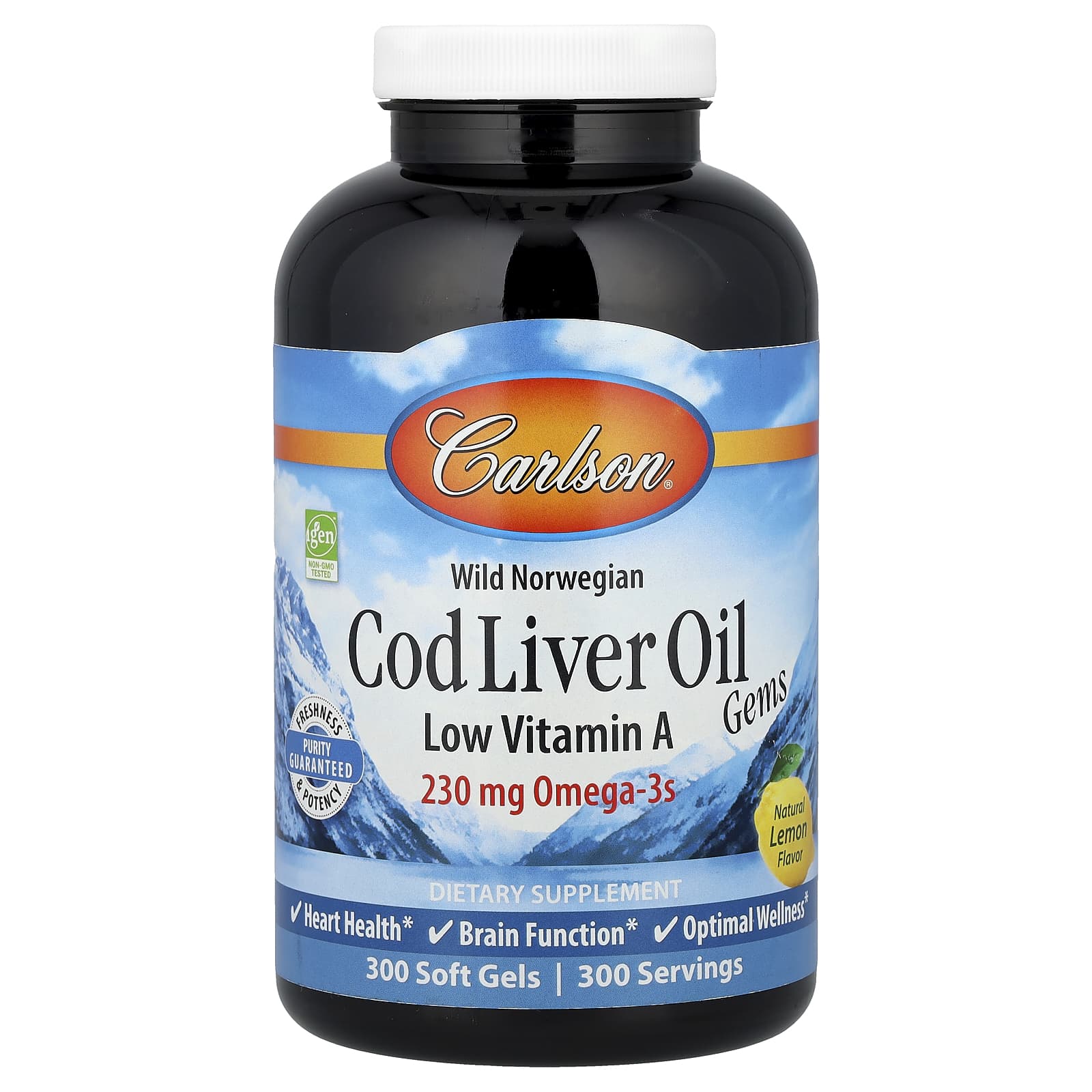 Масло печени трески Carlson Wild Norwegian Gems Low Vitamin A, вкус Natural Lemon, 300 мягких капсул