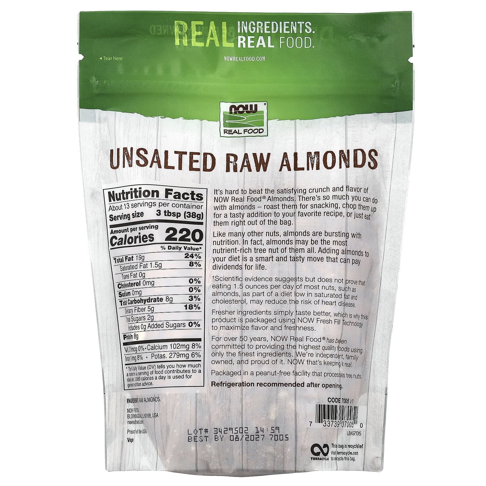 Миндаль NOW Foods Real Food Unsalted, вкус Raw Almonds, 454 г — фото 2