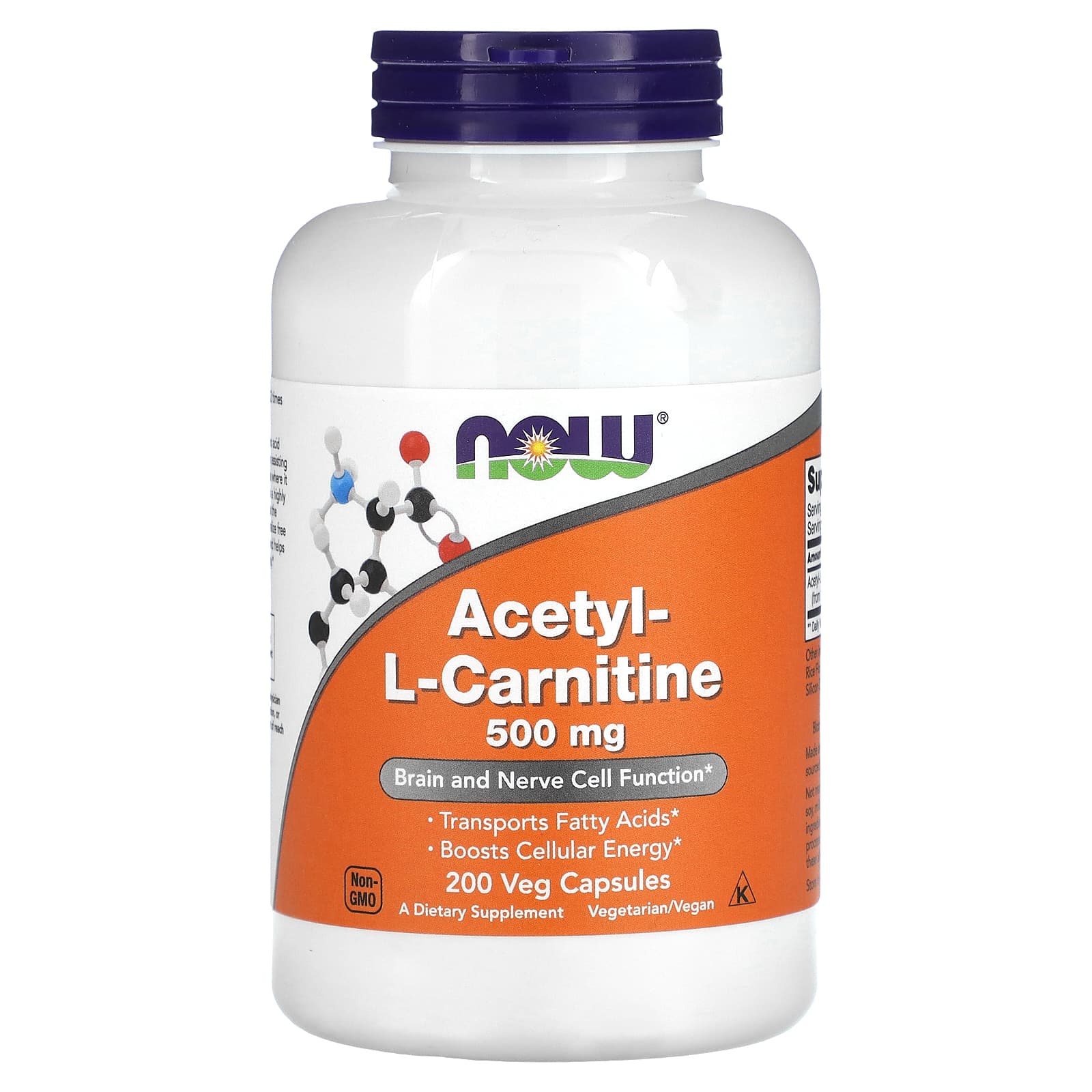 Ацетил-L-карнитин NOW Foods Acetyl-L-Carnitine, 500 мг, 200 растительных капсул