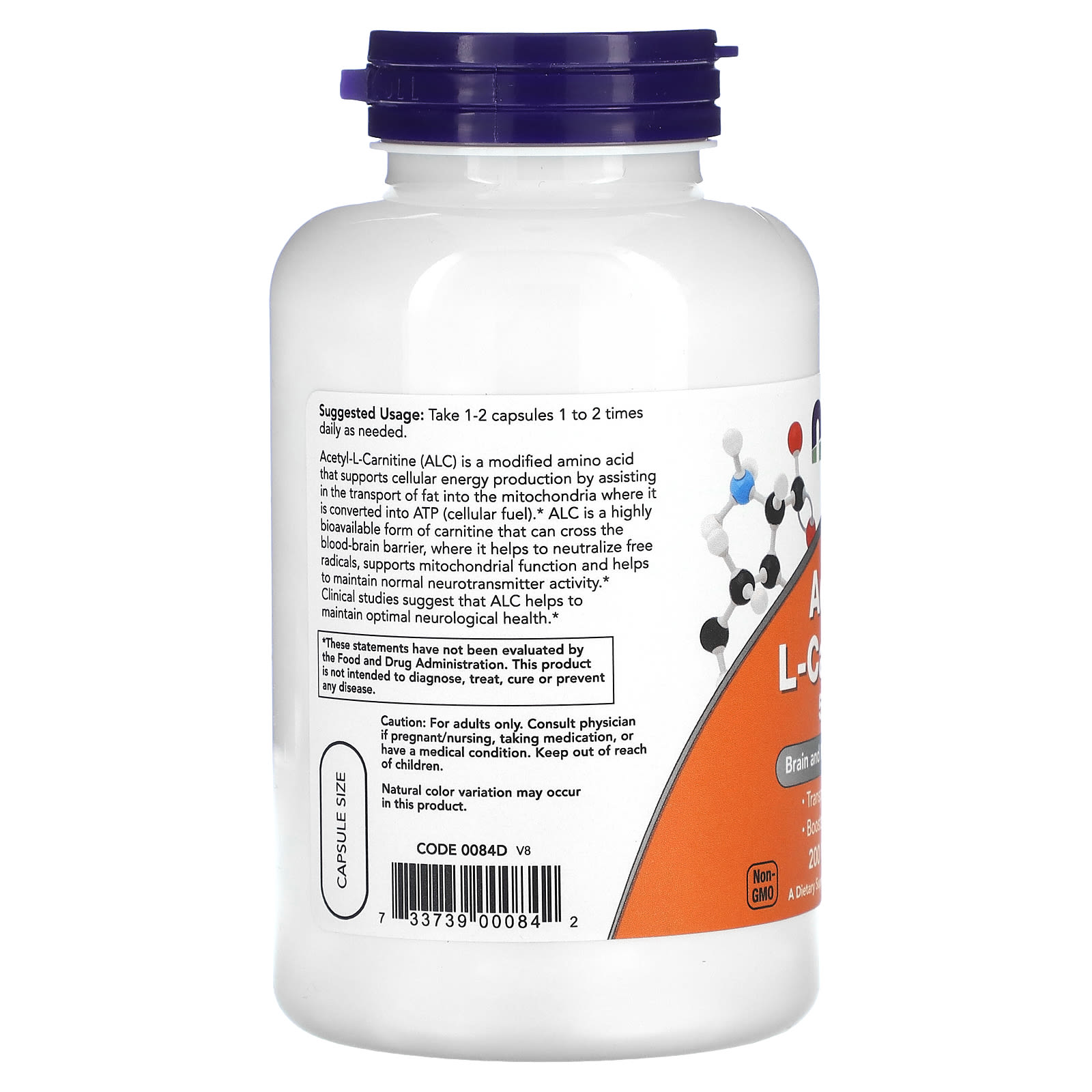 Ацетил-L-карнитин NOW Foods Acetyl-L-Carnitine, 500 мг, 200 растительных капсул — фото 2