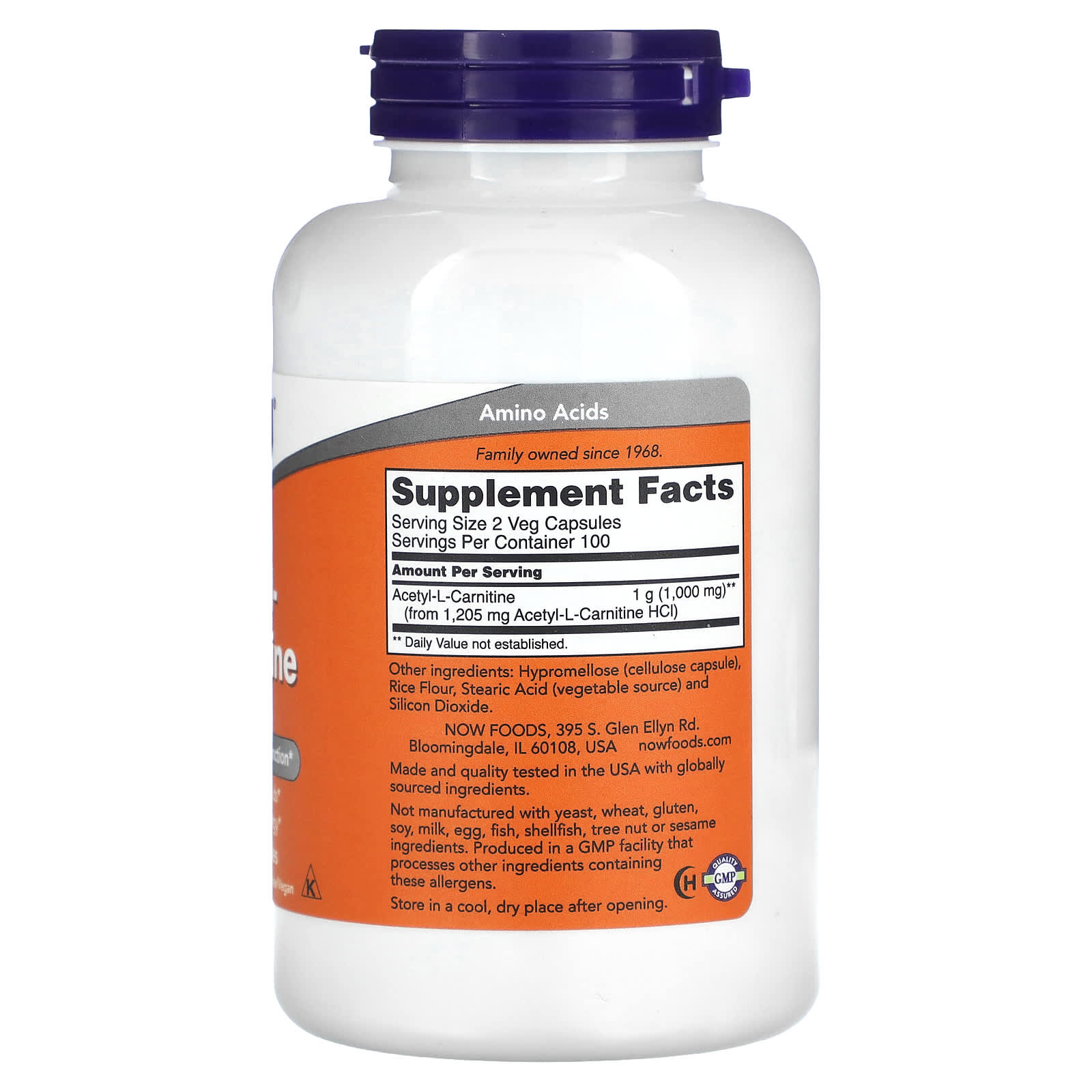 Ацетил-L-карнитин NOW Foods Acetyl-L-Carnitine, 500 мг, 200 растительных капсул — фото 3