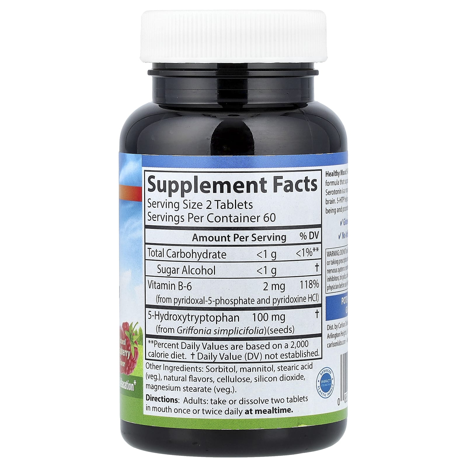 5-HTP Carlson Healthy Mood 5-HTP Elite, вкус Natural Raspberry, 100 мг, 50 мг, 120 таблеток — фото 2