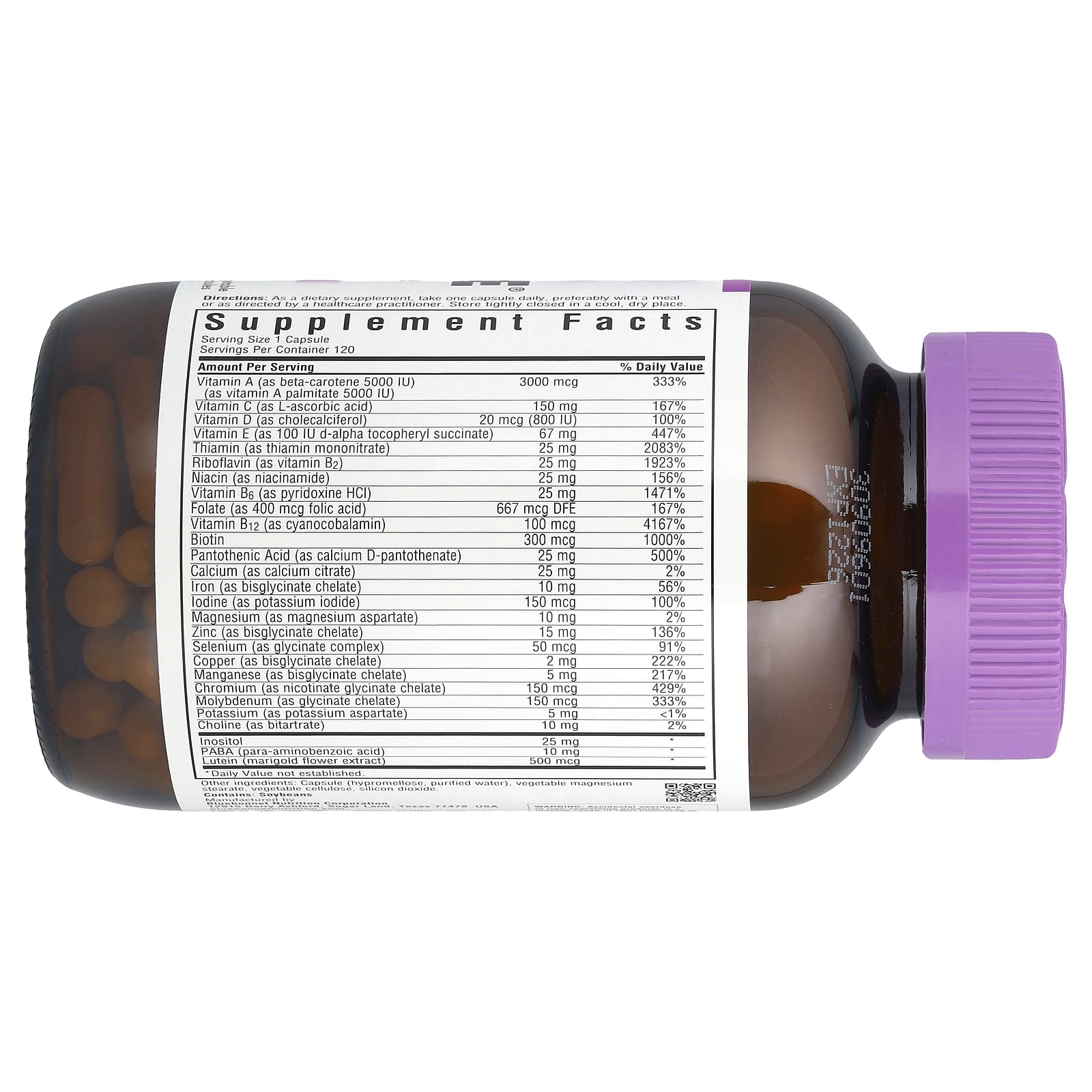 Мультивитамины MultiONE Bluebonnet Nutrition® Single Daily Multiple, 120 растительных капсул — фото 2