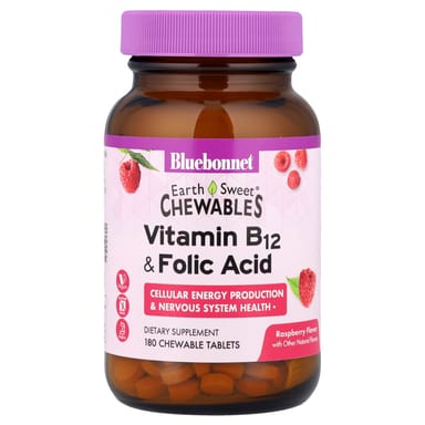 Витамин B12 Bluebonnet Nutrition EarthSweet® Chewables & Folic Acid, вкус Raspberry, 180 жевательных таблеток
