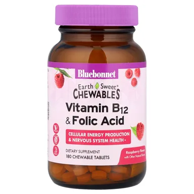 Фото товара: Витамин B12 Bluebonnet Nutrition EarthSweet® Chewables & Folic Acid, вкус «малина», 180 жевательных таблеток