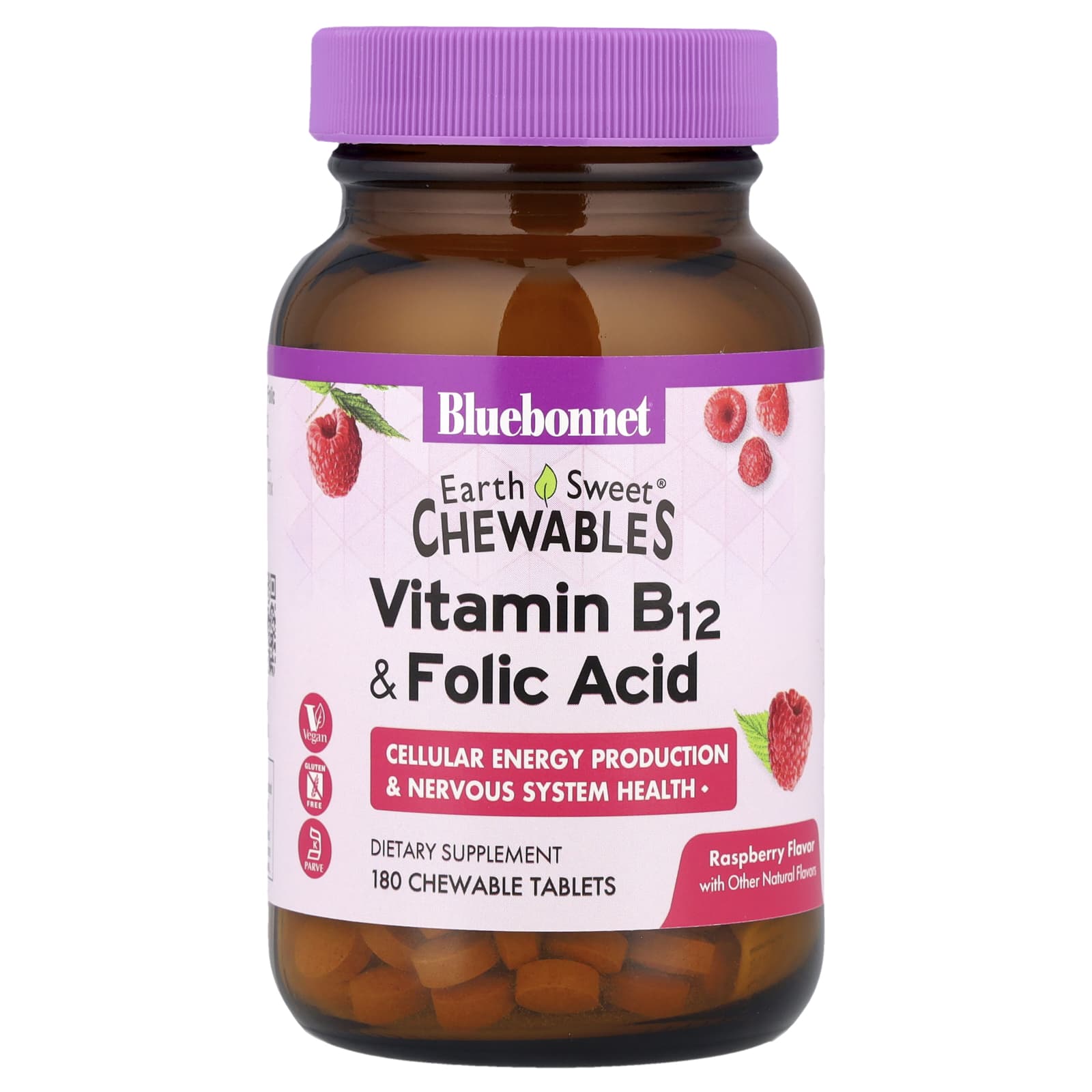 Витамин B12 Bluebonnet Nutrition EarthSweet® Chewables & Folic Acid, вкус Raspberry, 180 жевательных таблеток