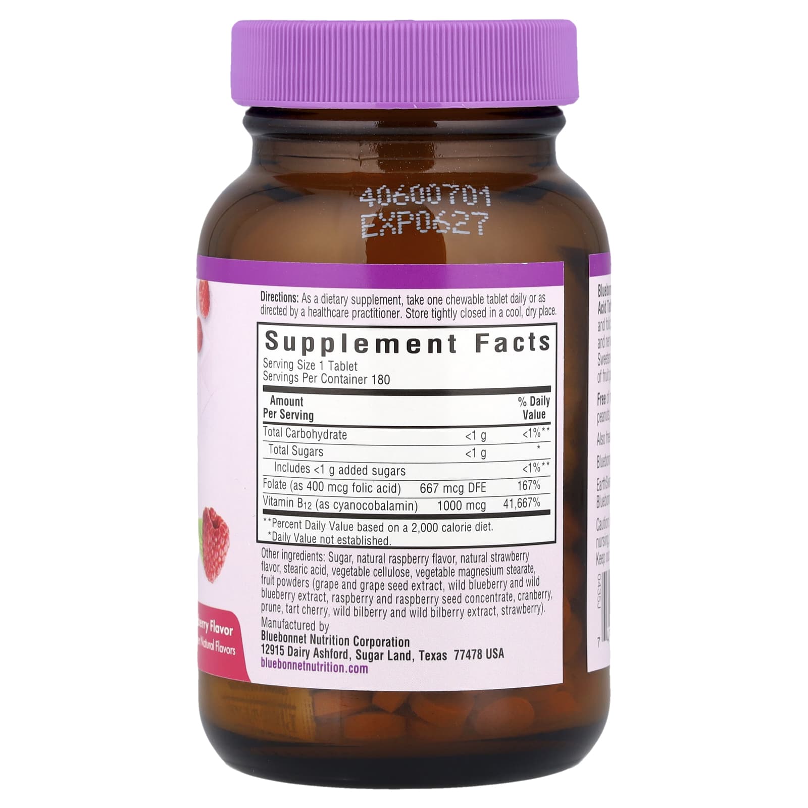 Витамин B12 Bluebonnet Nutrition EarthSweet® Chewables & Folic Acid, вкус Raspberry, 180 жевательных таблеток — фото 2
