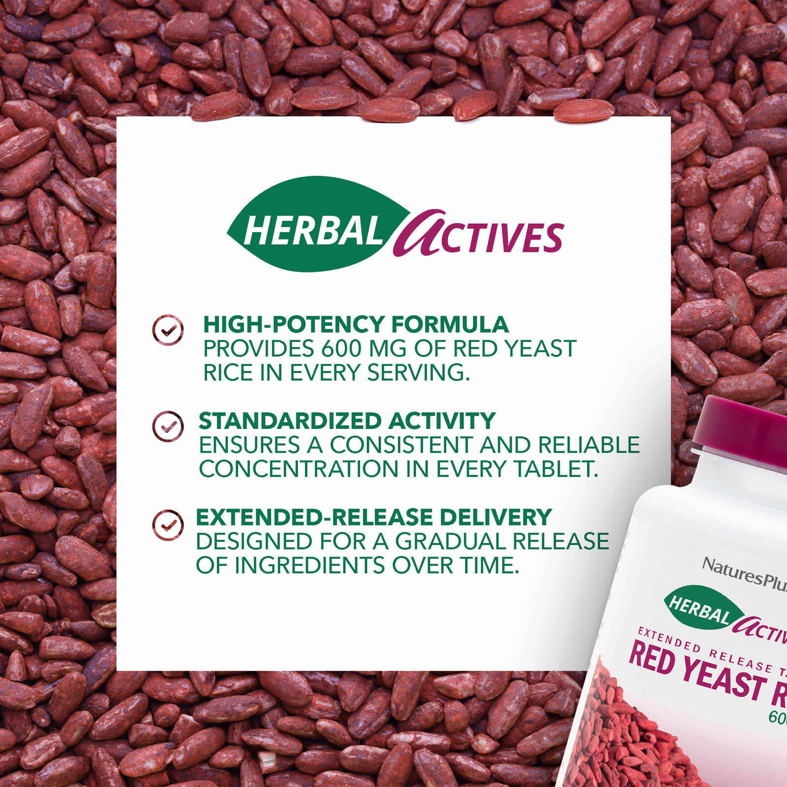 Рис NaturesPlus Herbal Actives Red Yeast, 600 мг, 60 таблеток — фото 3