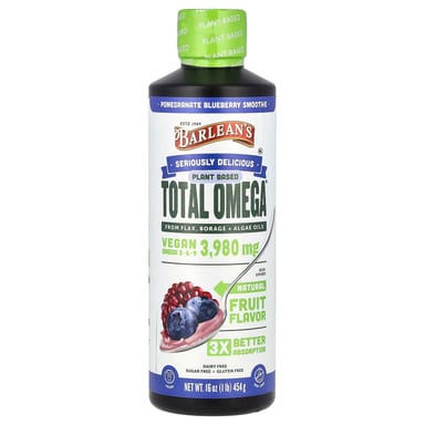 Омега-3 Barlean's Plant Based Total · 6 ·, вкус Pomegranate Blueberry Smoothie, 3980 мг, 454 г