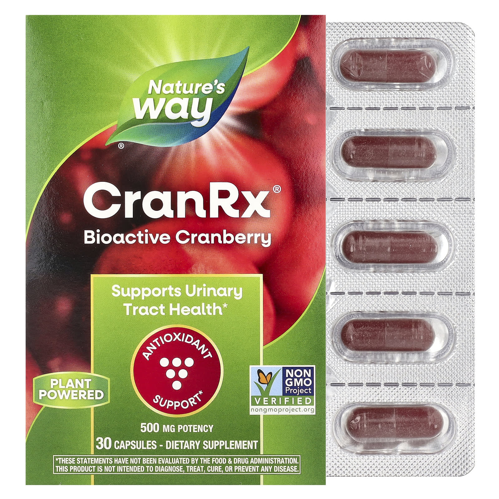Клюква Nature's Way CranRx®, вкус Bioactive Cranberry, 500 мг, 30 капсул