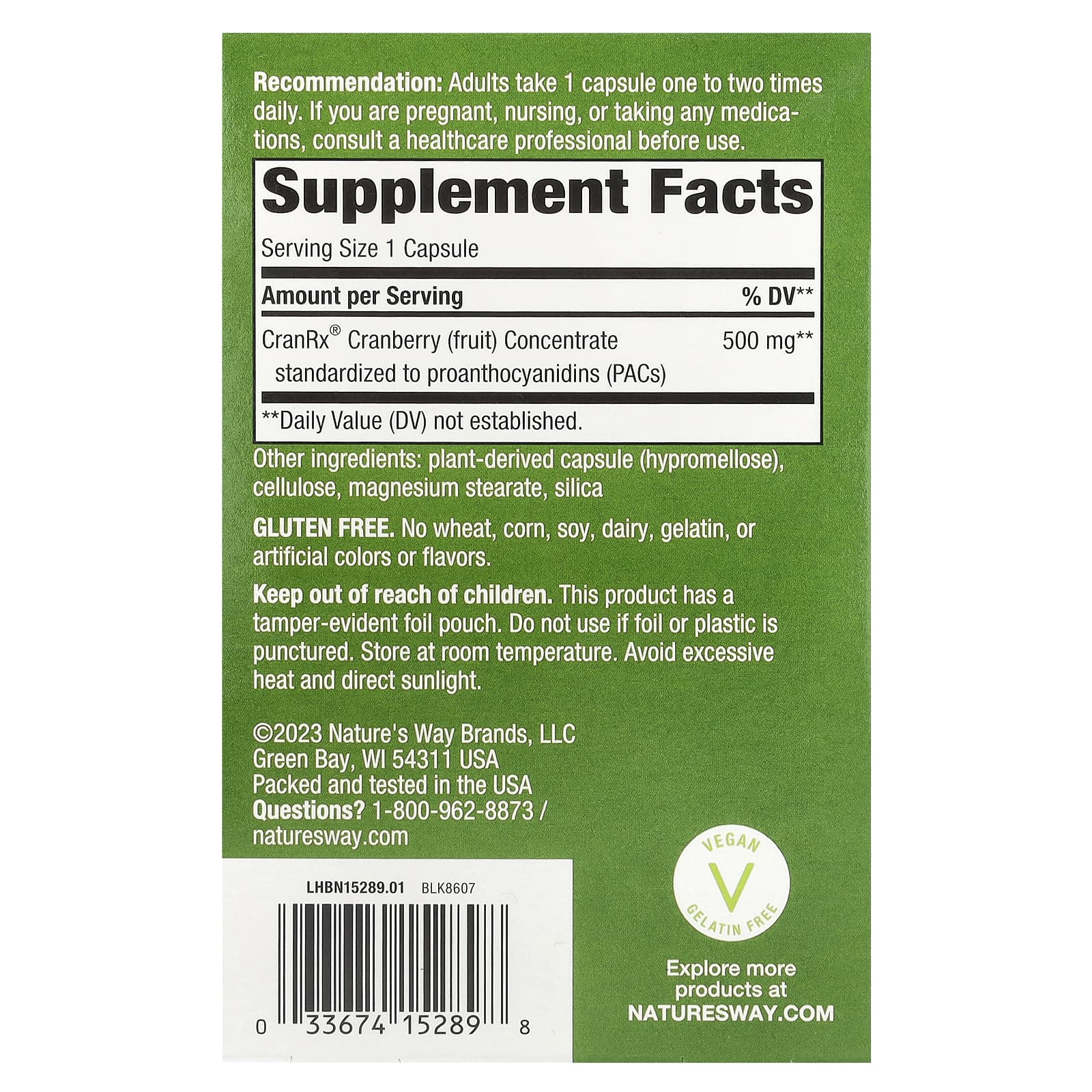 Клюква Nature's Way CranRx®, вкус Bioactive Cranberry, 500 мг, 30 капсул — фото 2