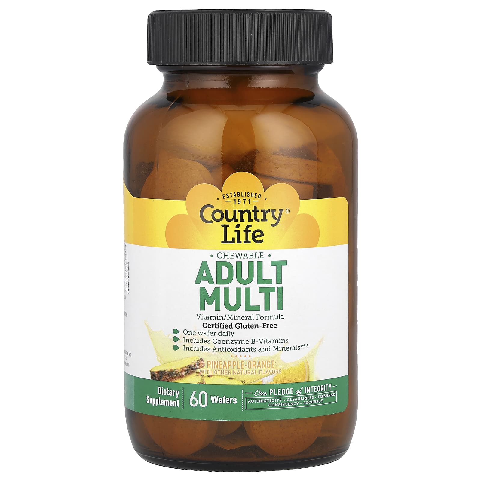 Жевательные мультивитамины для взрослых Country Life Pineapple-Orange, оттенок 60 Wafers
