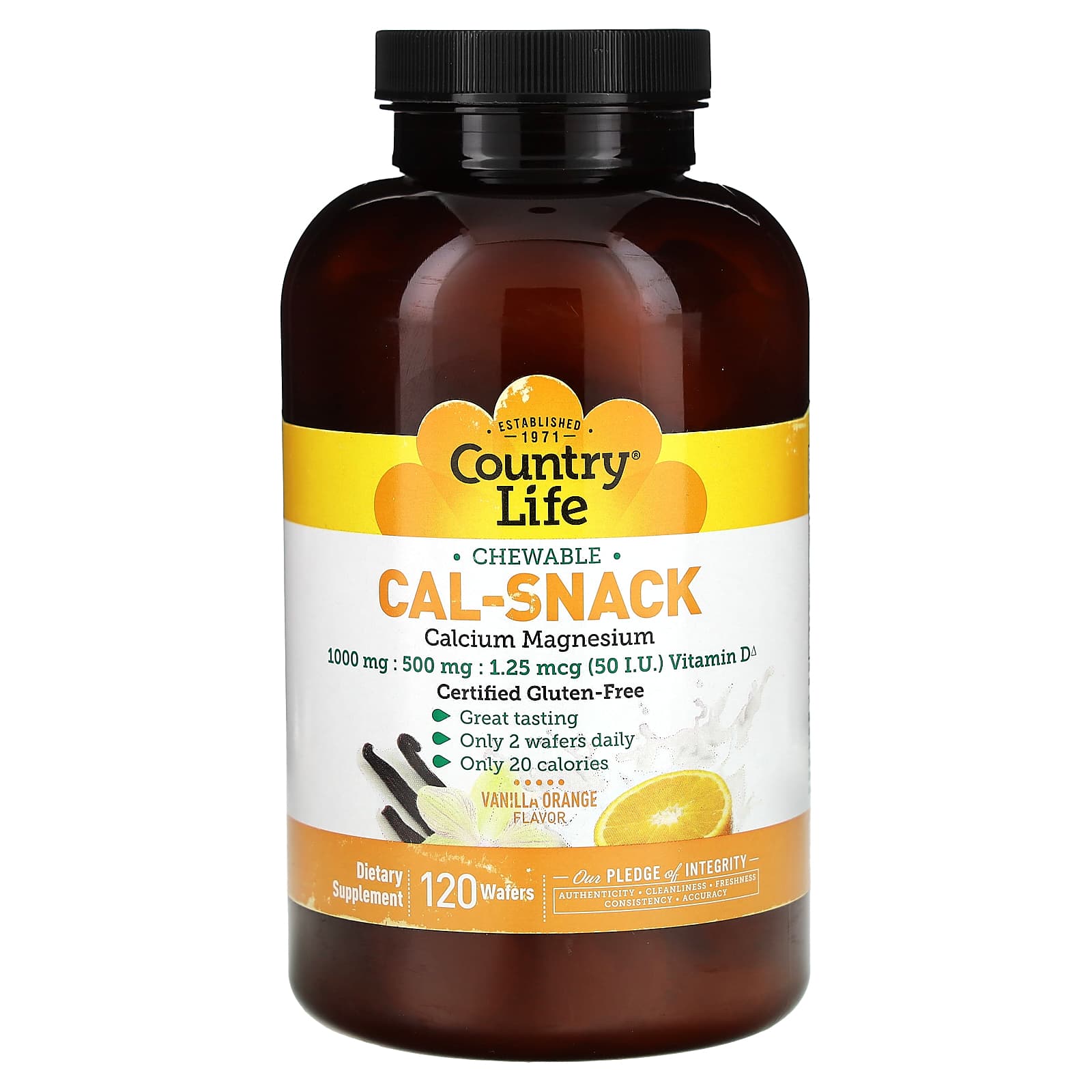Магний Country Life Cal-Snack Chewable Calcium Vanilla Orange, оттенок 120 Wafers
