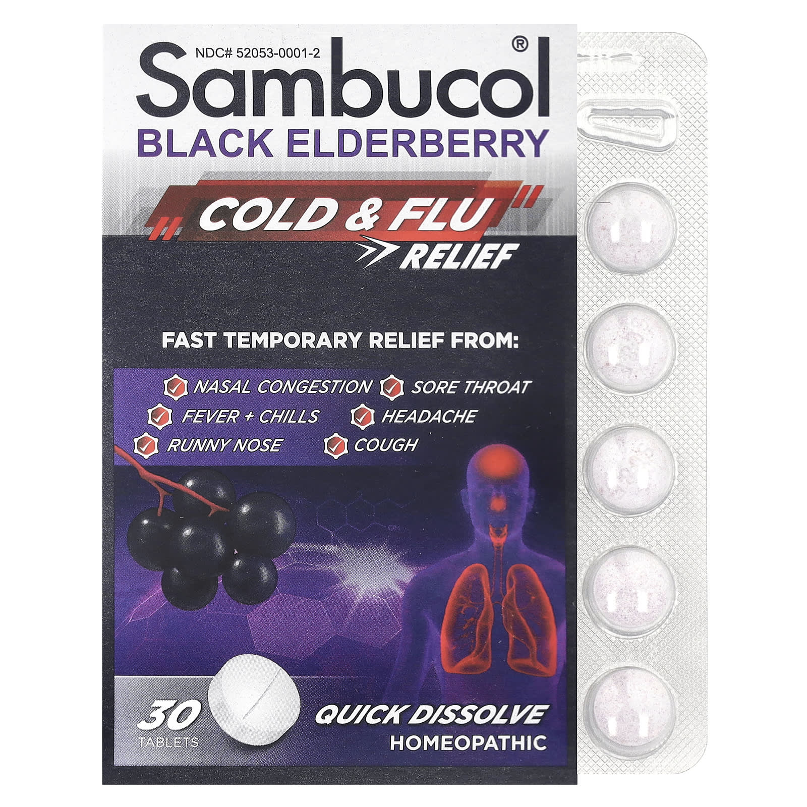 Бузина Sambucol Cold & Flu Relief, вкус Black Elderberry, 30 таблеток