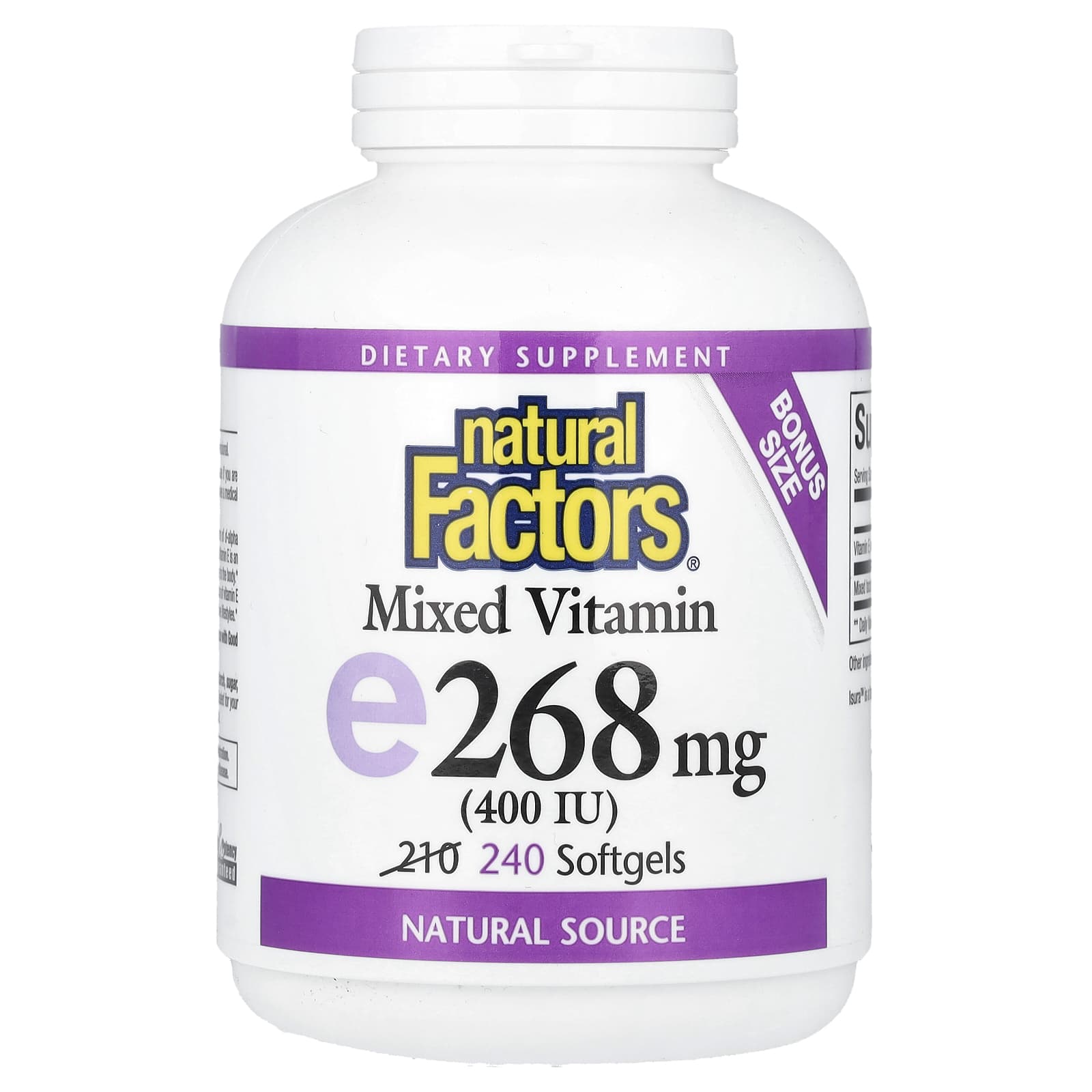 Витамин E Natural Factors, 400 МЕ, 268 мг, 240 мягких капсул
