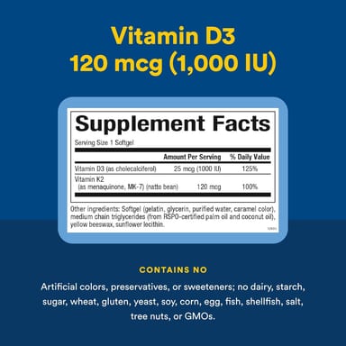 Витамин D3 Natural Factors & K2, 25 мкг (1000 МЕ), 120 мкг, 60 мягких капсул