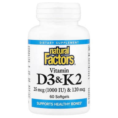 Витамин D3 Natural Factors & K2, 25 мкг (1000 МЕ), 120 мкг, 60 мягких капсул