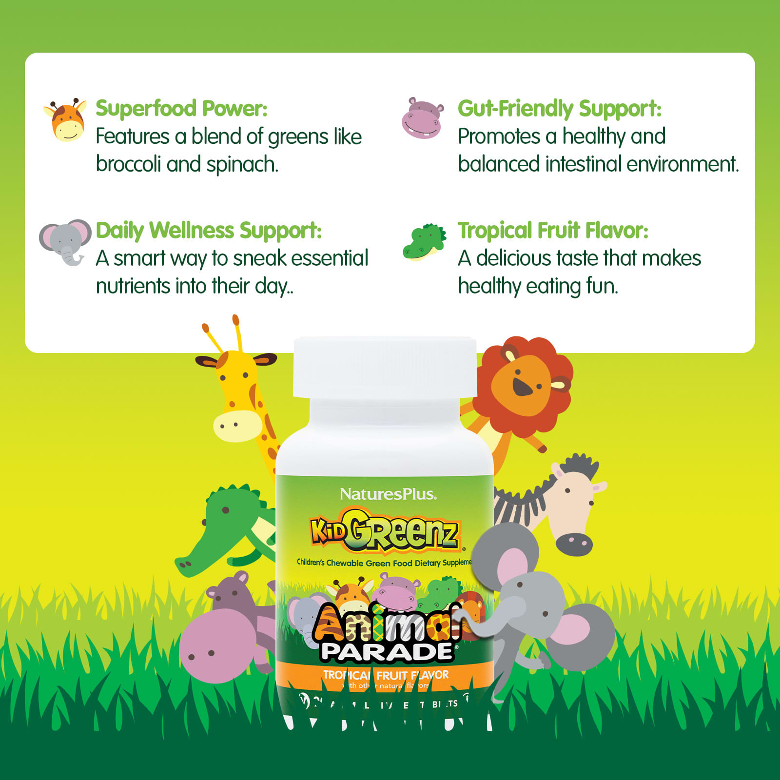Пищевая добавка NaturesPlus Animal Parade® Kid Greenz® Chewable Green Food Tropical Fruit, 90 жевательных таблеток в форме животных — фото 3