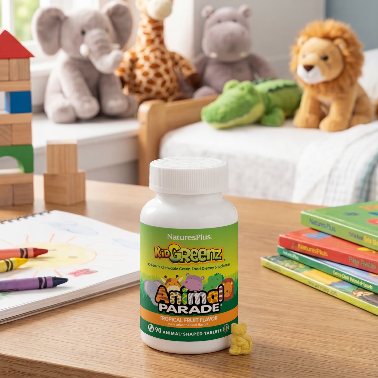 Пищевая добавка NaturesPlus Animal Parade® Kid Greenz® Chewable Green Food Tropical Fruit, 90 жевательных таблеток в форме животных — фото 5