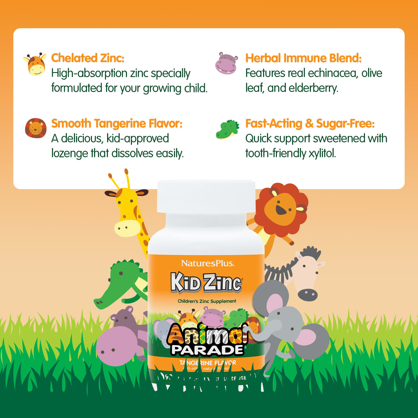 Цинк NaturesPlus Animal Parade® Kid® 90 Animal-Shaped Lozenges, вкус Tangerine, пастилки — фото 3