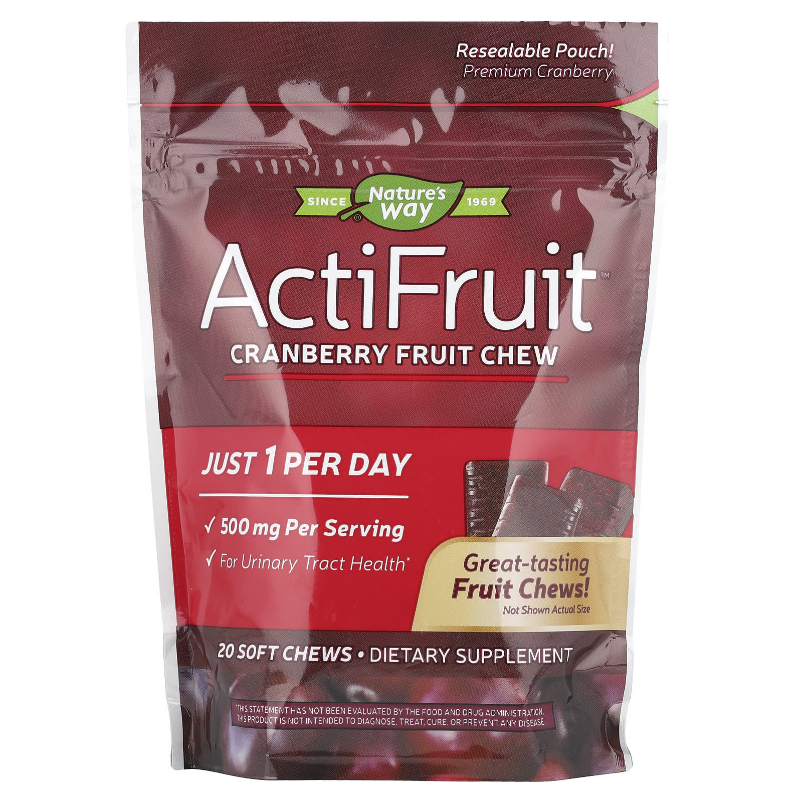 Клюква Nature's Way ActiFruit™ 20 Soft Chews, вкус Cranberry Fruit Chew, 500 мг, жевательные добавки