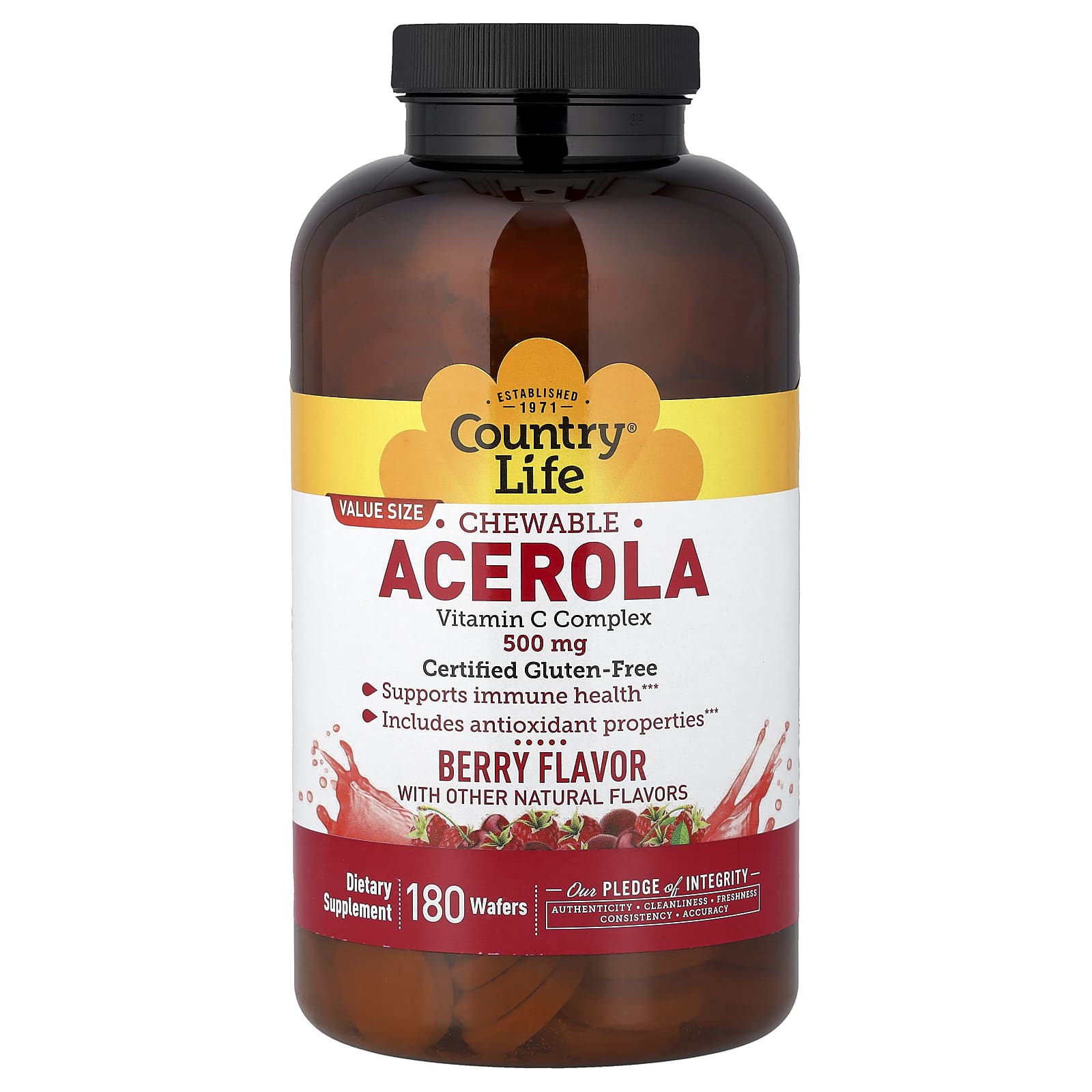 Витамин C Country Life Chewable Acerola Complex Berry, оттенок 180 Wafers