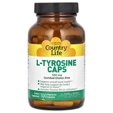Фото товара: L-тирозин Country Life L-Tyrosine Caps, 500 мг, 100 растительных капсул