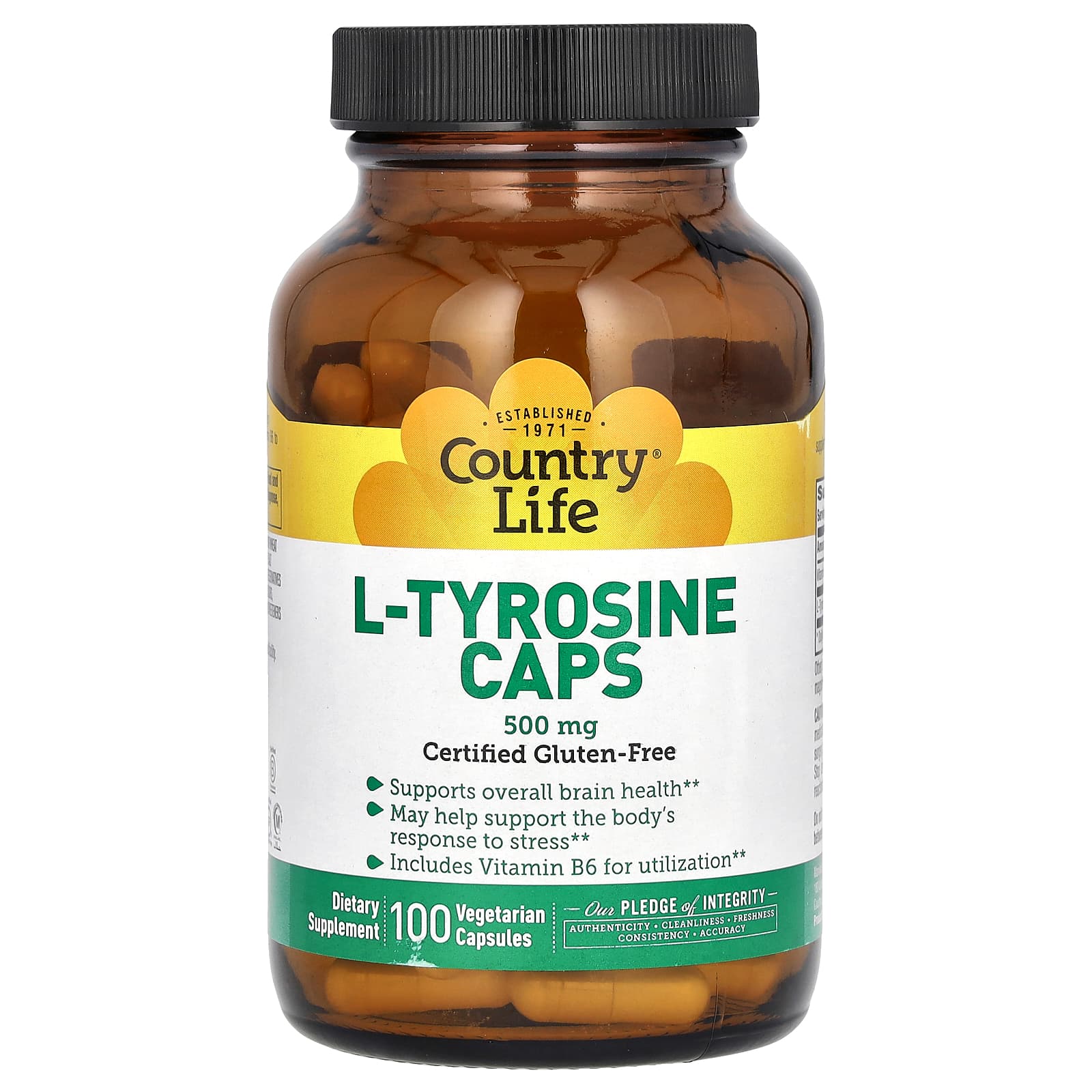 L-тирозин Country Life L-Tyrosine Caps, 500 мг, 100 растительных капсул