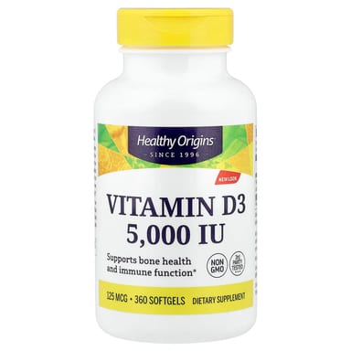 Витамин D3 Healthy Origins, 125 мкг (5000 МЕ), 360 мягких капсул