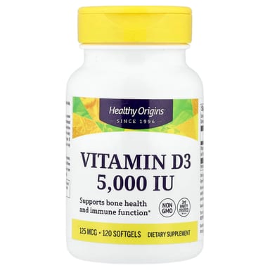 Витамин D3 Healthy Origins, 125 мкг (5000 МЕ), 120 мягких капсул