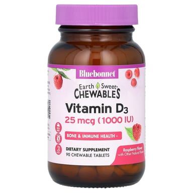 Витамин D3 Bluebonnet Nutrition EarthSweet® Chewables, вкус Raspberry, 25 мкг (1000 МЕ), 90 жевательных таблеток