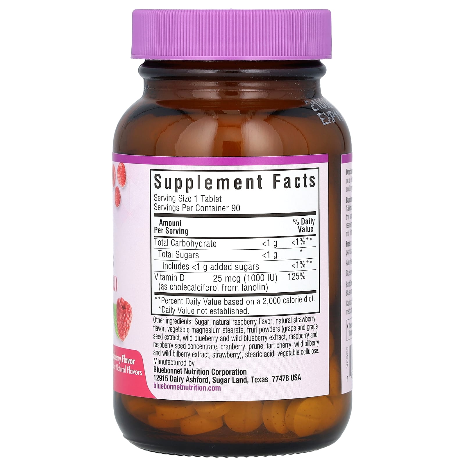 Витамин D3 Bluebonnet Nutrition EarthSweet® Chewables, вкус Raspberry, 25 мкг (1000 МЕ), 90 жевательных таблеток — фото 2