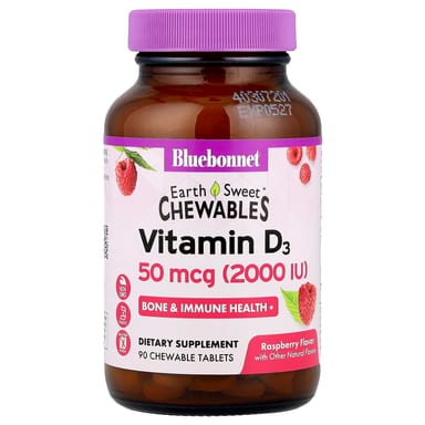Витамин D3 Bluebonnet Nutrition EarthSweet® Chewables, вкус Raspberry, 50 мкг (2000 МЕ), 90 жевательных таблеток