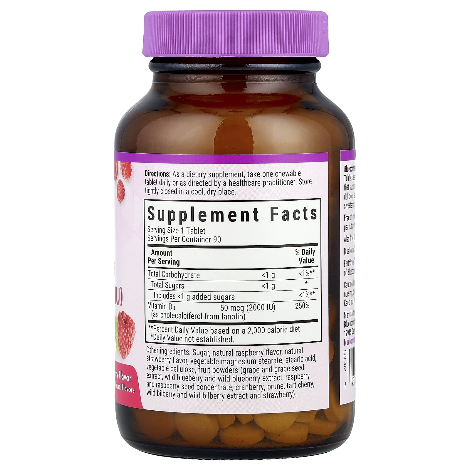 Витамин D3 Bluebonnet Nutrition EarthSweet® Chewables, вкус Raspberry, 50 мкг (2000 МЕ), 90 жевательных таблеток — фото 2