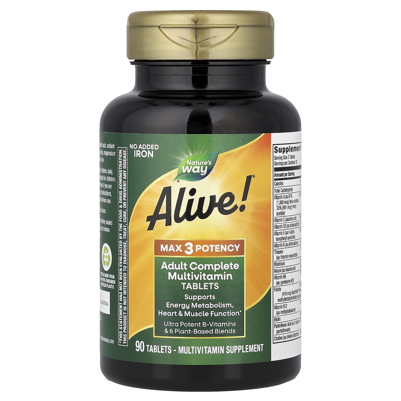Мультивитамины Nature's Way Alive!® Max3 Potency Adult Complete No Added Iron, 90 таблеток